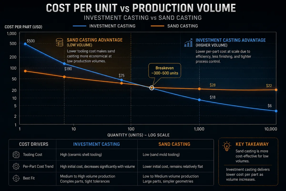 Investment casting vs sand casting per-part cost breakeven chart — casting cost comparison by production volume