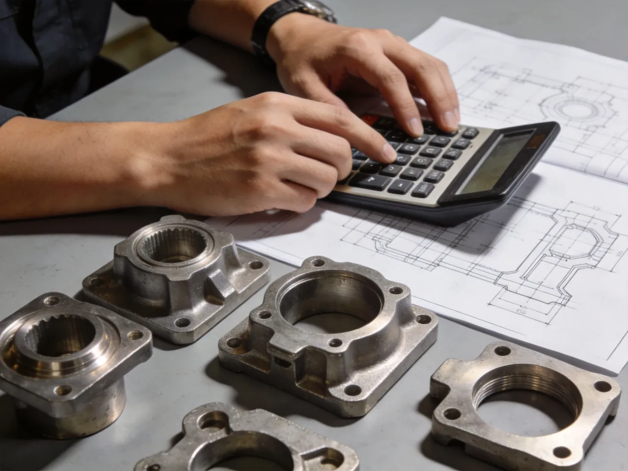 Engineer estimating casting cost with drawings and finished metal castings