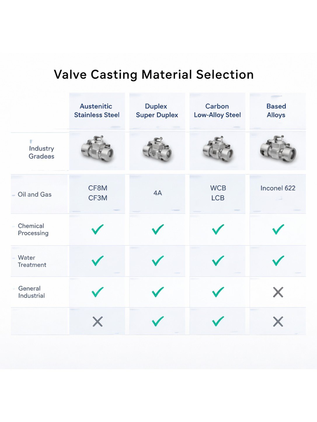 Valve casting materials comparison by industry - stainless steel, carbon steel, duplex