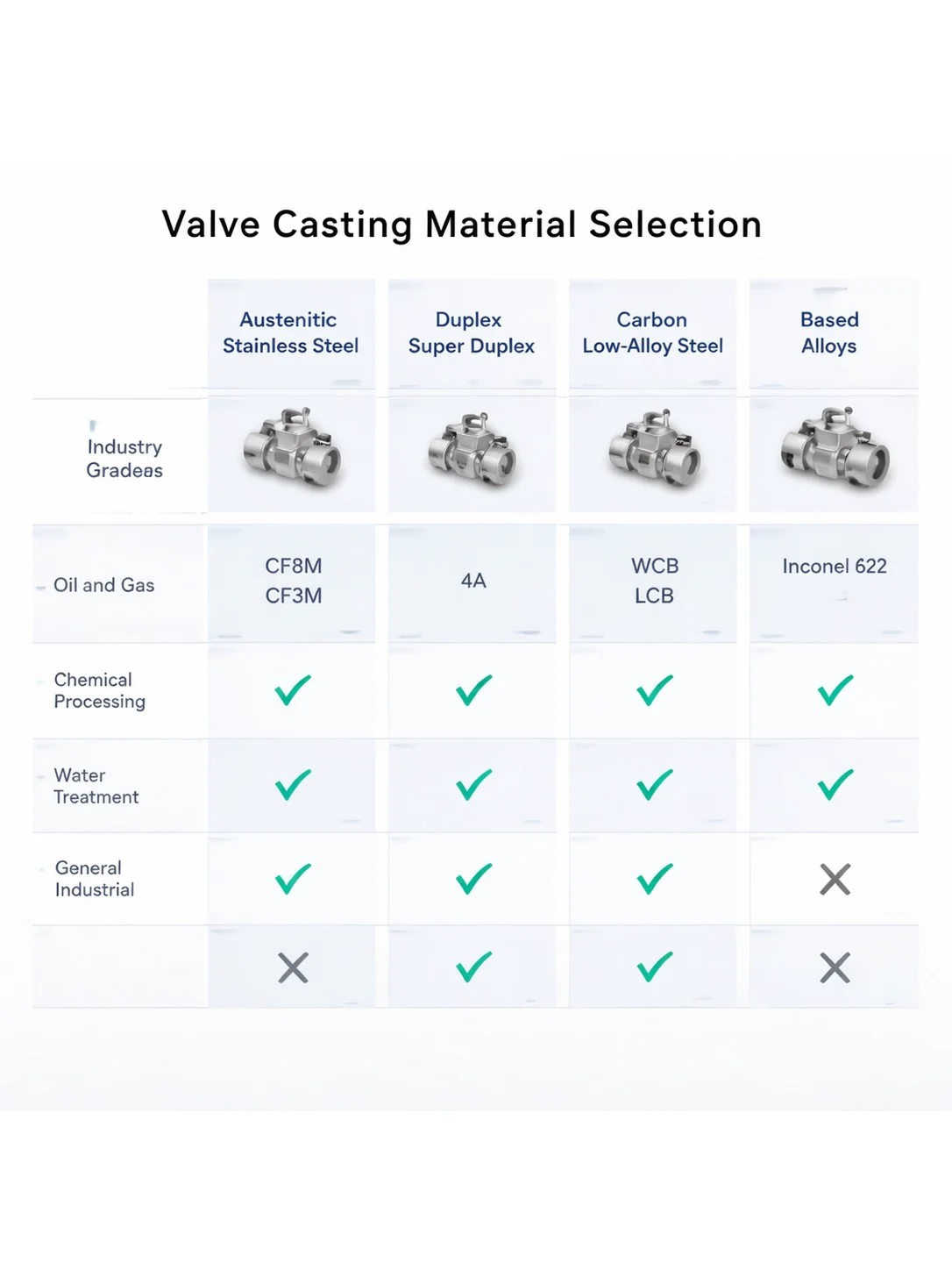 Stainless steel casting application matrix — food processing, chemical, marine, aerospace per grade